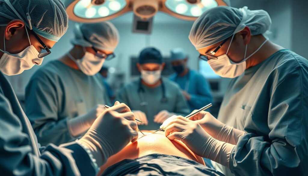 A surgical scene depicting an endometriosis procedure. In the foreground, a team of skilled surgeons meticulously manipulate delicate instruments to excise endometrial lesions from the pelvic cavity, illuminated by focused surgical lighting. In the middle ground, medical assistants provide support, monitoring vital signs and ensuring a sterile environment. The background blurs into a clean, modern operating theater, conveying a sense of precision, professionalism and patient care. The overall mood is one of clinical expertise, with a subtle sense of care and empathy for the patient's wellbeing.