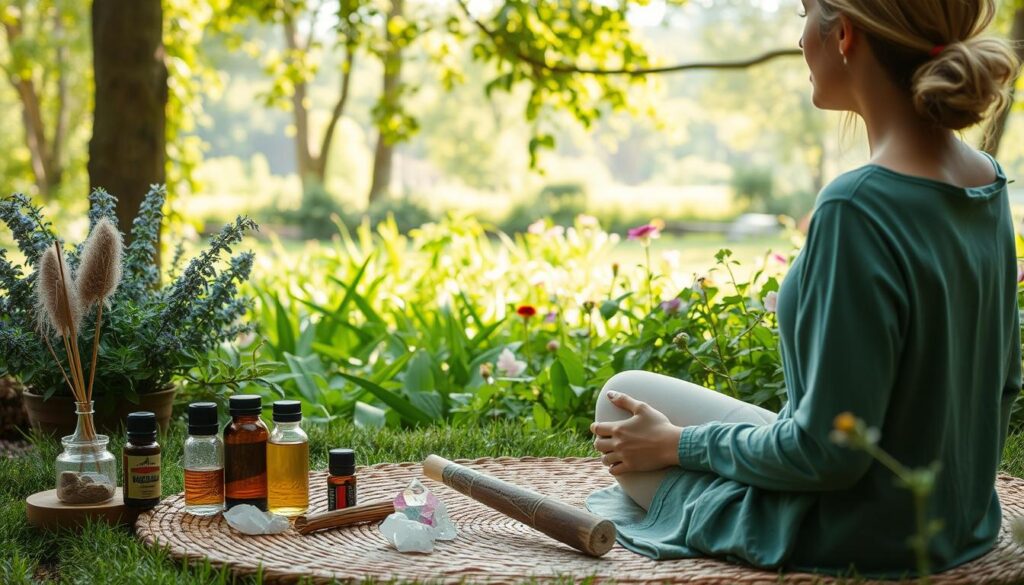 Serene garden setting with various complementary therapies for endometriosis. In the foreground, a woman relaxes on a woven mat, surrounded by essential oils, crystals, and a smudge stick. The middle ground features a lush, verdant landscape with soothing herbal plants and flowers. In the background, gentle sunlight filters through the trees, creating a calming atmosphere. The overall scene conveys a sense of holistic well-being and natural healing for the condition.